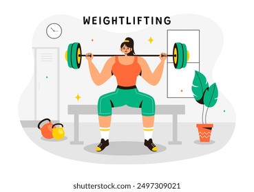 Weightlifting Sport Vector Illustration featuring an Athlete Lifting a Heavy Barbell with Gym Equipment and a Bodybuilder Training in Flat Background