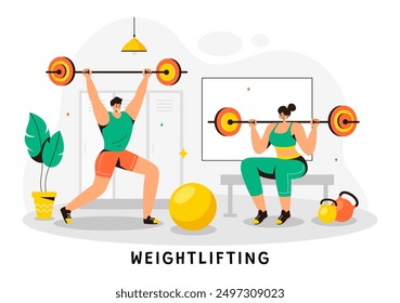 Weightlifting Sport Vector Illustration featuring an Athlete Lifting a Heavy Barbell with Gym Equipment and a Bodybuilder Training in Flat Background