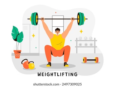 Weightlifting Sport Vector Illustration featuring an Athlete Lifting a Heavy Barbell with Gym Equipment and a Bodybuilder Training in Flat Background