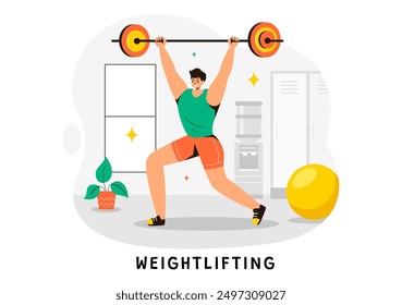 Weightlifting Sport Vector Illustration featuring an Athlete Lifting a Heavy Barbell with Gym Equipment and a Bodybuilder Training in Flat Background