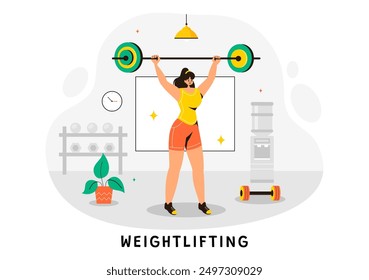 Weightlifting Sport Vector Illustration featuring an Athlete Lifting a Heavy Barbell with Gym Equipment and a Bodybuilder Training in Flat Background