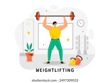 Weightlifting Sport Vector Illustration featuring an Athlete Lifting a Heavy Barbell with Gym Equipment and a Bodybuilder Training in Flat Background