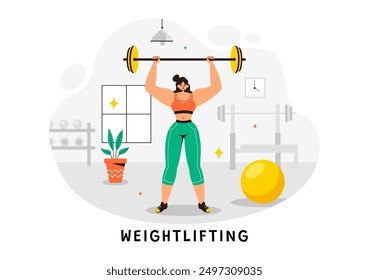 Weightlifting Sport Vector Illustration featuring an Athlete Lifting a Heavy Barbell with Gym Equipment and a Bodybuilder Training in Flat Background