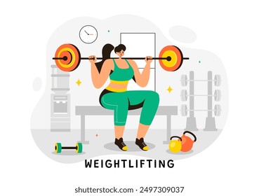 Weightlifting Sport Vector Illustration featuring an Athlete Lifting a Heavy Barbell with Gym Equipment and a Bodybuilder Training in Flat Background