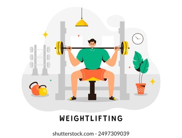 Weightlifting Sport Vector Illustration featuring an Athlete Lifting a Heavy Barbell with Gym Equipment and a Bodybuilder Training in Flat Background