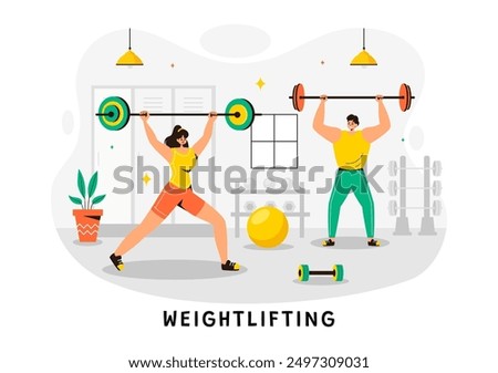 Weightlifting Sport Vector Illustration featuring an Athlete Lifting a Heavy Barbell with Gym Equipment and a Bodybuilder Training in Flat Background