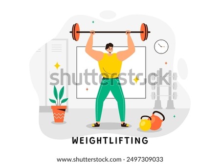 Weightlifting Sport Vector Illustration featuring an Athlete Lifting a Heavy Barbell with Gym Equipment and a Bodybuilder Training in Flat Background