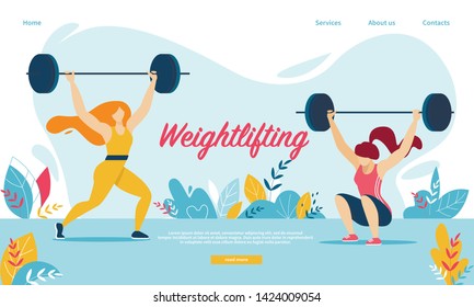 Weightlifting Sport. Women Squatting with Weight, Girls Characters in Sportswear Training Workout, Prepare for Competition, Exercise, Sports Activity Lifestyle Cartoon Flat Vector Illustration, Banner