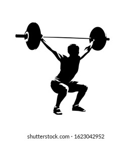 Weightlifting squats, strong woman litfs big barbell, isolated vector silhouette. Ink drawing