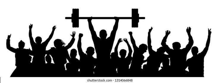 Weightlifting strong man. Weightlifter sport silhouette. Crowd of fans joy of victory. Vector illustration