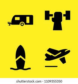 weightlifting, surfboard, caravan and departures vector icon set. Sample icons set for web and graphic design