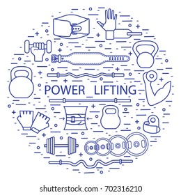 Weightlifting training objects arranged in a circle. Healthy lifestyle and physical activity.