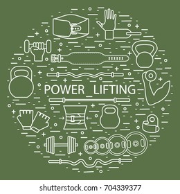 Weightlifting training objects arranged in a circle. Healthy lifestyle and physical activity.