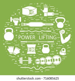 Weightlifting training objects arranged in a circle. Healthy lifestyle and physical activity.
