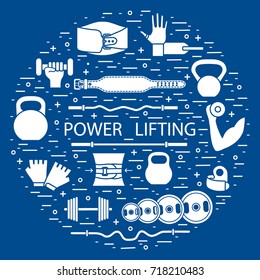 Weightlifting training objects arranged in a circle. Healthy lifestyle and physical activity.