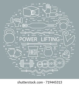 Weightlifting training objects arranged in a circle. Healthy lifestyle and physical activity.