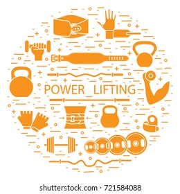 Weightlifting training objects arranged in a circle. Healthy lifestyle and physical activity.