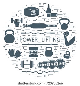 Weightlifting training objects arranged in a circle. Healthy lifestyle and physical activity.
