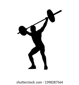 Weightlifting. Weight lifter lifts big barbell, isolated vector silhouette