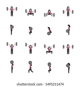 Weightlifting woman flat icon set in color. Vector.