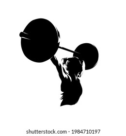 Weightlifting, woman lifting big barbell, bodybuilding. Isolated vector silhouette, ink drawing female bodybuilder logo