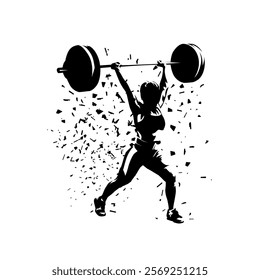 Weightlifting, woman lifting big barbell, isolated vector silhouette, ink drawing