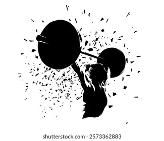 Weightlifting, woman lifting big barbell, bodybuilding. Isolated vector silhouette, dispersion effect, female bodybuilder logo