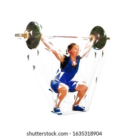 Weightlifting woman, low polygonal vector illustration. Isolated geometric strong woman litfs big barbell