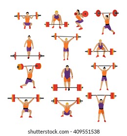 Weightlifting and workout exercise in gym. Vector set of gym icons in flat style isolated on white background. People in gym.