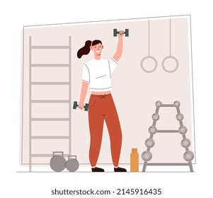 Weightloss and physical activity concept. Smiling woman in sports clothes lifts dumbbells and strengthens muscles. Sportswoman or athlete. Workout in gym or fitness. Cartoon flat vector illustration