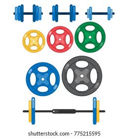 Weights, barbells for gym. Flat icons. Vector Illustration. Set of weights.