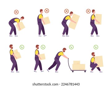 Weights handling. Safety ergonomic posture of back for carry or push heavy goods, manual correctly incorrect work lifting loads loadman infographics splendid vector illustration of correct and safety