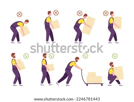 Weights handling. Safety ergonomic posture of back for carry or push heavy goods, manual correctly incorrect work lifting loads loadman infographics splendid vector illustration of correct and safety