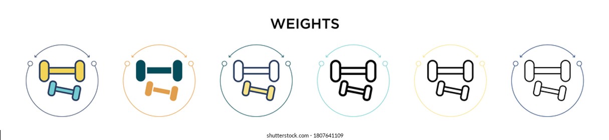 Weights icon in filled, thin line, outline and stroke style. Vector illustration of two colored and black weights vector icons designs can be used for mobile, ui, web