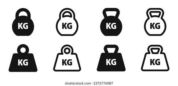 Weist Symbole auf. Gewichte, Kettlebells, Hantel Vektorsymbole. Silhouette Stil Symbol Set.