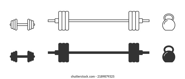 Gewichtet Symbole gesetzt. Barbell, Hantel und Kettlebell-Symbole. Vektorgrafik.