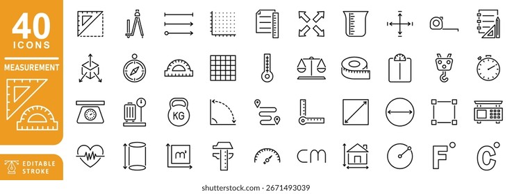 Weights lengths and Measures Icons Editable Stroke Scale and Size icon set. Measurement related vector editable stroke icon collection.