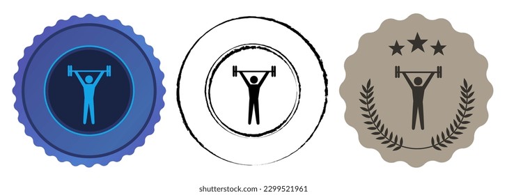 Weights lifting heavy iron lift flat medal medallion emblem blue and black stamp empty template golden graphic round set