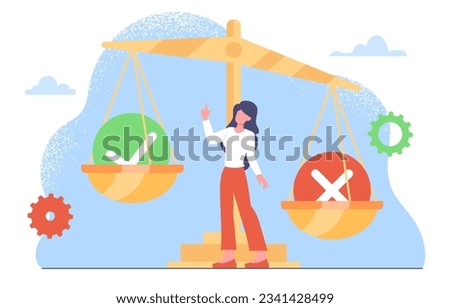 Weights with solution concept. Woman with right or wrong answers, tick and cross. Approval versus rejection. Young girl make decision, chooses way. Cartoon flat vector illustration