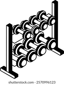 weight-training gear set isometric vector icon, Healthy lifestyle symbol, Body Exercising Sign,Circuit training equipment illustration, dumbbell storage stand concept