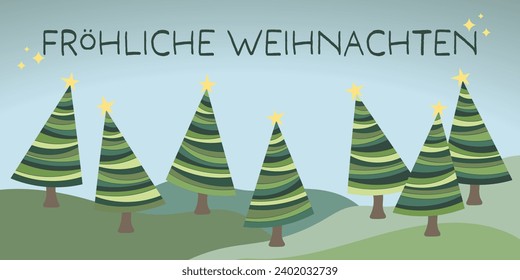 Fröhliche Weihnachten - text in German language - Merry Christmas. Greeting card with Christmas trees.