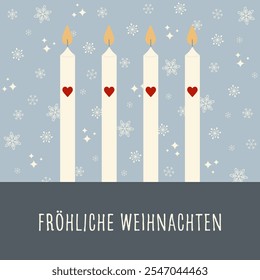 Fröhliche Weihnachten - texto em língua alemã - Feliz Natal. Cartão quadrado com quatro velas com corações em frente a um fundo floco de neve.