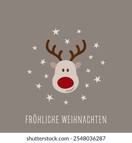 Fröhliche Weihnachten - text in German language - Merry Christmas. Square greeting card with a cute reindeer with a red nose.