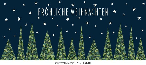 Fröhliche Weihnachten - text in German language - Merry Christmas. Banner with abstrakt fir trees in front of a starry sky.