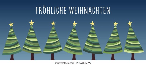 Fröhliche Weihnachten - text in German language - Merry Christmas. Greeting card with Christmas trees.