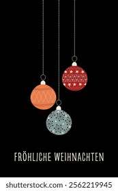 Fröhliche Weihnachten - text in German language - Merry Christmas. Greeting card with colorful Christmas tree baubles on a black background.