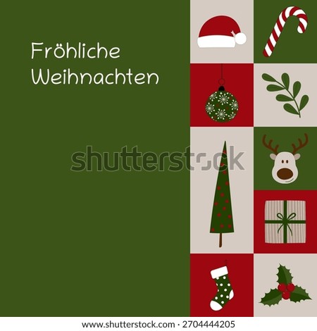 Fröhliche Weihnachten - text in German language - Merry Christmas. Square greeting card with Christmas symbols.
