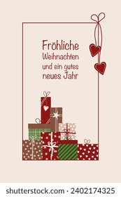 Fröhliche Weihnachten und ein gutes Jahr - Text in deutscher Sprache - Frohe Weihnachten und ein frohes neues Jahr. Grußkarte mit bunten Geschenkverpackungen.