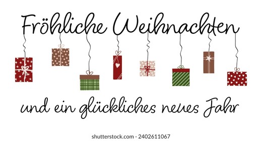 Fröhliche Weihnachten und ein glückliches neues Jahr - texto en alemán - Feliz Navidad y un Feliz Año Nuevo. Tarjeta de saludo con paquetes navideños colgantes.