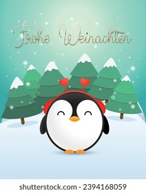 Weihnachtskarte mit bunten dekorativen Weihnachtsmotiven mit einem süssen Pinguin. Vektorgrafik.

Übersetzung: Frohe Weihnachten